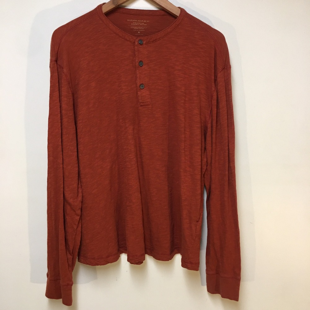 Banana Republic Henley Shirt Mens XL Burnt‎ Orange Organic Cotton Long Sleeve